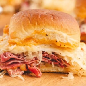 An image of a baked Rueben slider sandwich.