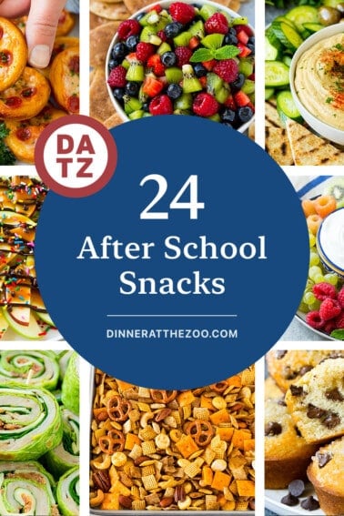 A group of delicious after school snacks like chocolate chip muffins and homemade hummus.