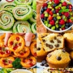 A group of delicious after school snacks such as homemade Chex mix and turkey roll ups.