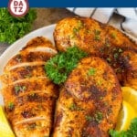 This air fryer chicken breast recipe consists of chicken coated in herbs and spices, then cooked to golden brown perfection.