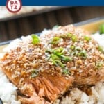 A picture of almond crusted salmon with honey garlic sauce on a bed of rice with green onions on top.