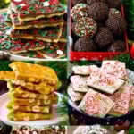 A collection of images of Christmas candy recipes like Christmas crack, crock pot candy and peanut brittle.