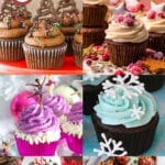 Images of a collection of Christmas cupcake recipes like sugar plum fairy cupcakes, Christmas wreath cupcakes and reindeer cupcakes.