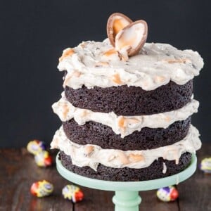 An image of a chocolate Cadbury Creme Egg Cake on a cake stand.