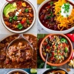 A collection of pictures of bowls of slow cooker chili recipes like chili with sausage, quinoa chili and buffalo chicken chili.