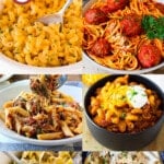 A group of images of slow cooker pasta recipes like mac and cheese, Tuscan chicken pasta and beef stroganoff.