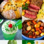 Several images of St. Patrick's Day recipes including a shamrock shake, pot of gold cookies and Irish soda bread.