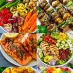 A group of images of summer dinner recipes including fried corn, marinated salmon and grilled vegetables.