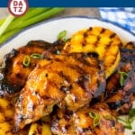 This teriyaki marinade is a blend of soy sauce, brown sugar, honey, garlic, ginger and sesame oil.