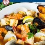 This bouillabaisse is French seafood stew with fresh fish, shrimp, clams and mussels, all simmered together in a flavorful broth.