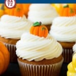 These pumpkin cupcakes are filled with pumpkin puree and spices, then baked and topped with a generous amount of cream cheese frosting.