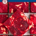 Red velvet brownies are fudgy bars topped with a cheesecake swirl and baked to perfection.