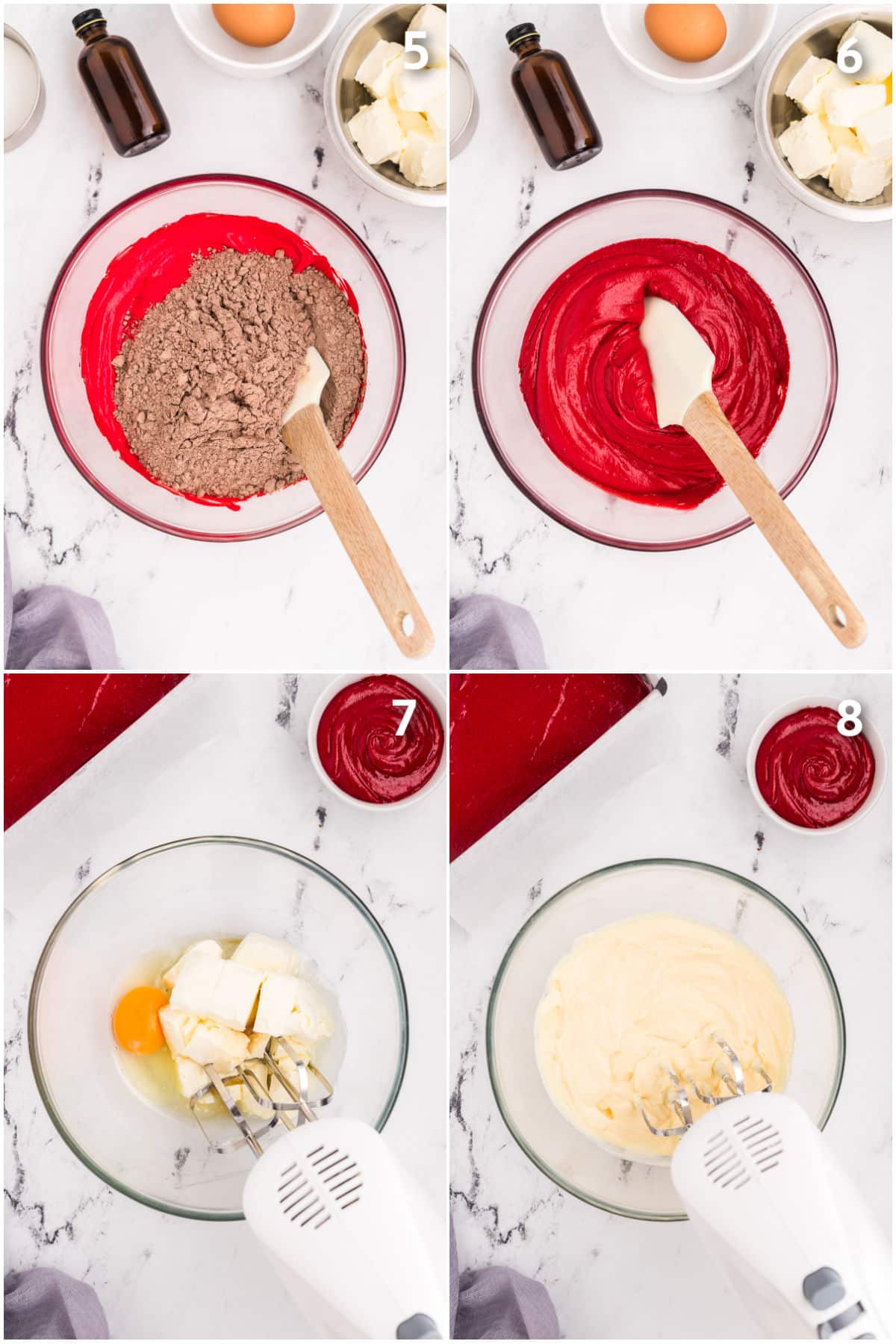 Dry ingredients being combined into wet ingredients to make batter.