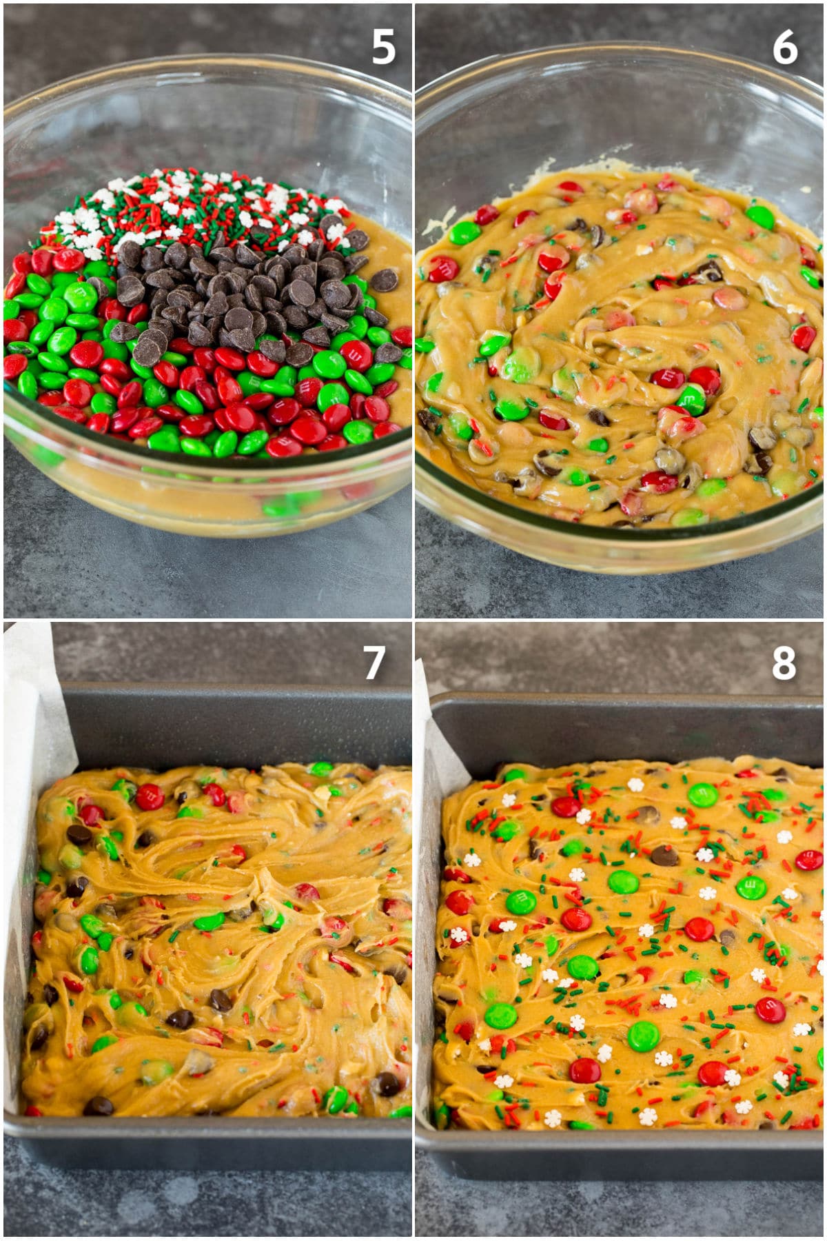 M&M's and chocolate chips being added to cookie batter and spread into a pan.