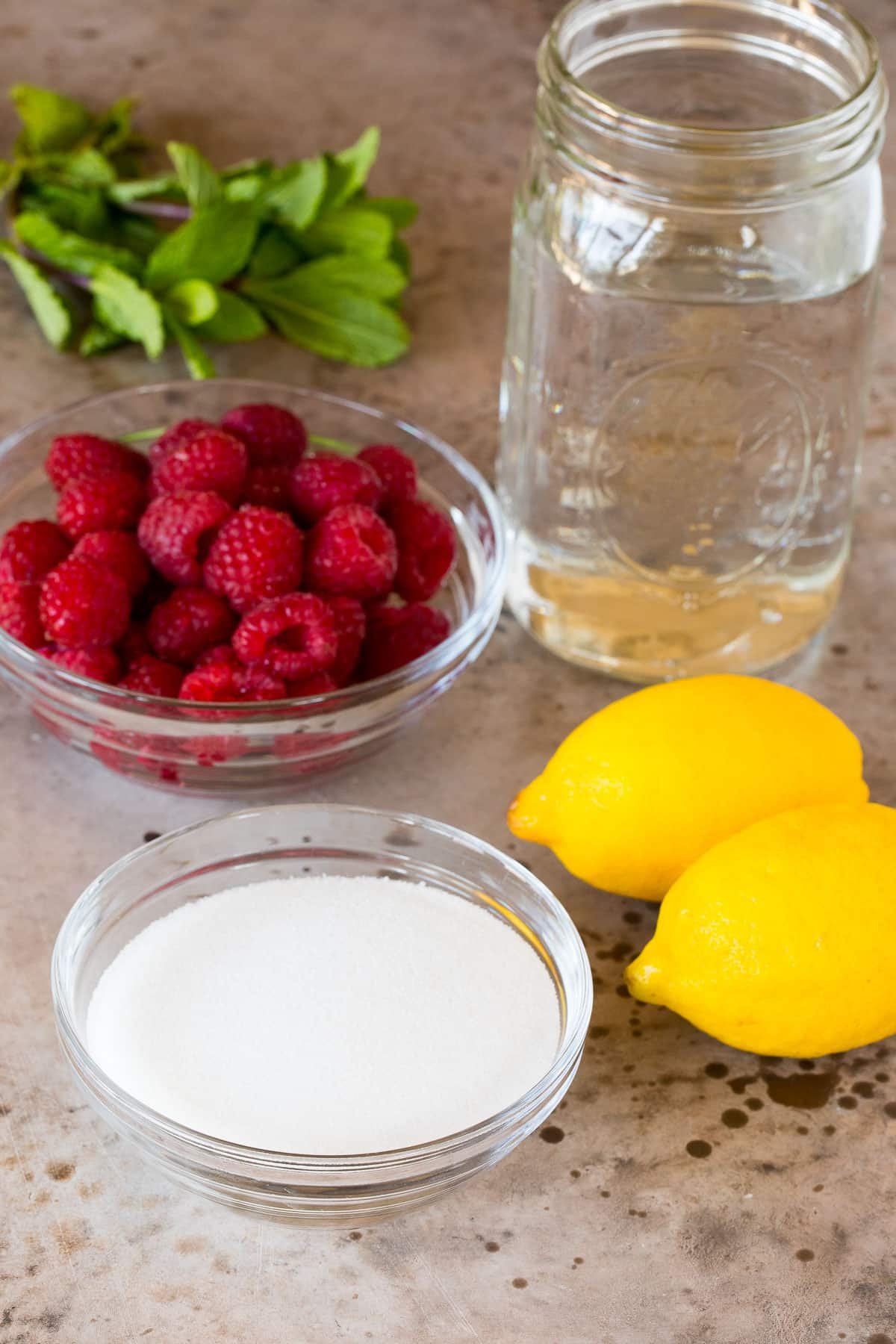 Ingredients including raspberries, lemon, sugar, water and mint.