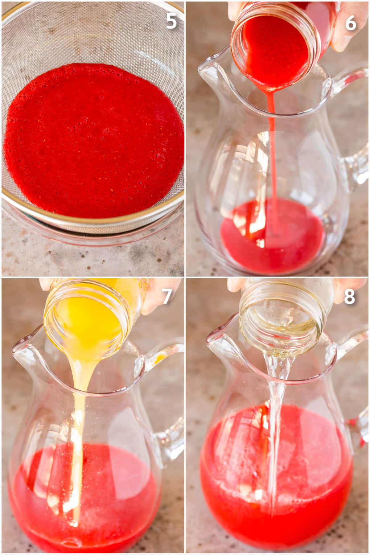Raspberry puree, lemon juice and water going into a pitcher.