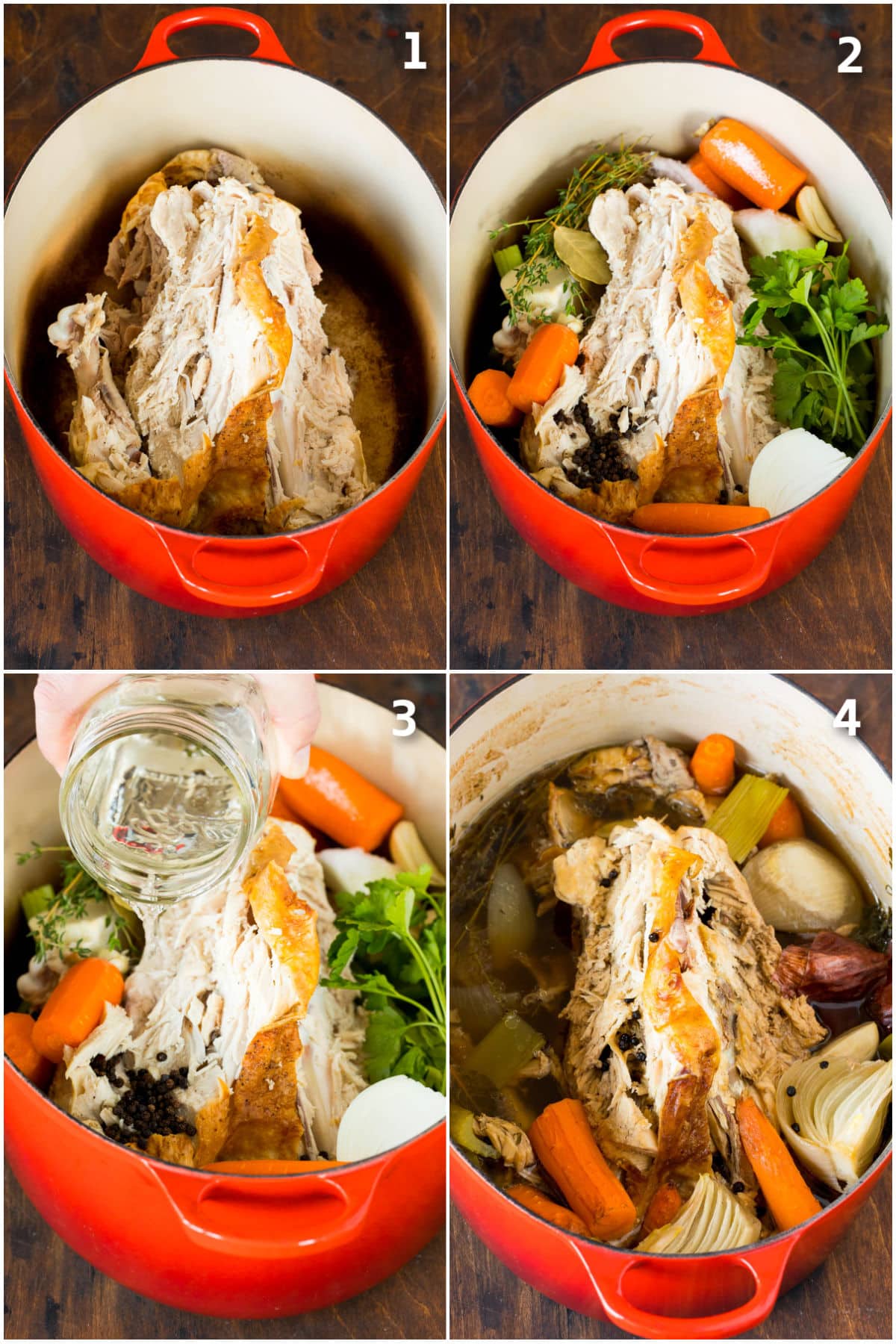A turkey carcass in a pot with vegetables, herbs and water.
