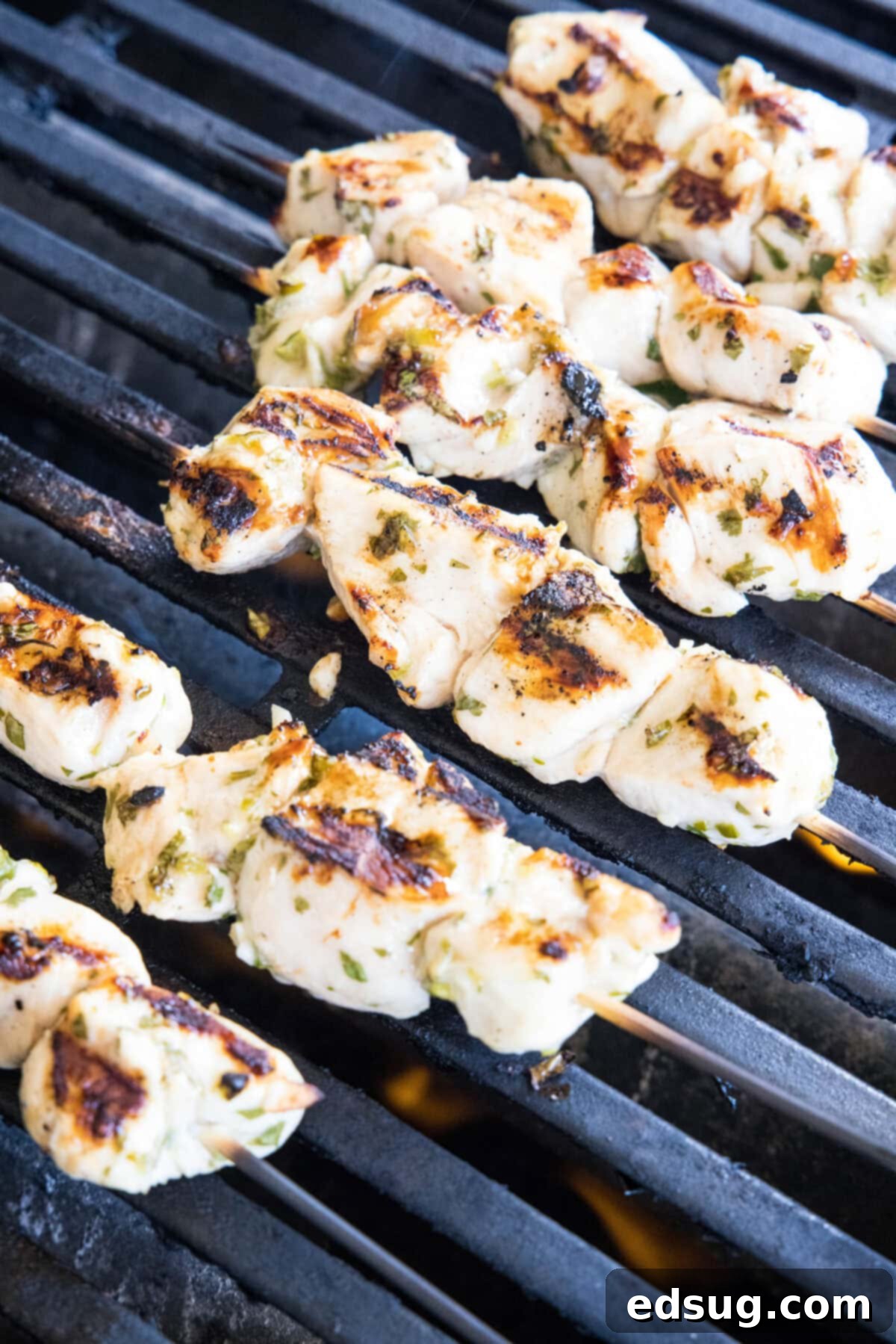 Cilantro lime chicken skewers cooking side by side on a hot grill.
