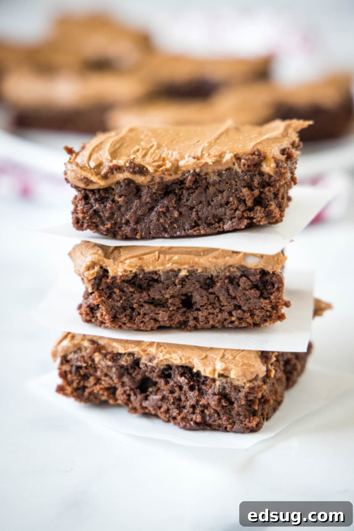 Dairy free brownies are moist, tender, and rich, and topped with a smooth, creamy, and decadent chocolate frosting. Close up of three brownie squares stacked on top of each other, with rich chocolate frosting.