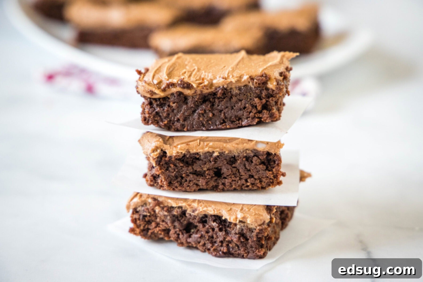Dairy free brownies are moist, tender, and rich, and topped with a smooth, creamy, and decadent chocolate frosting. Side view of three frosted brownie squares stacked on top of each other, showcasing their fudgy texture.