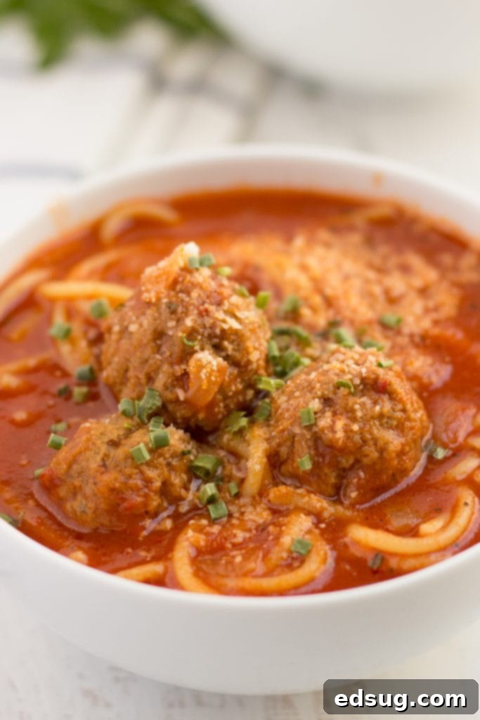 Spaghetti and Meatball Soup served in a white bowl with fresh parsley garnish
