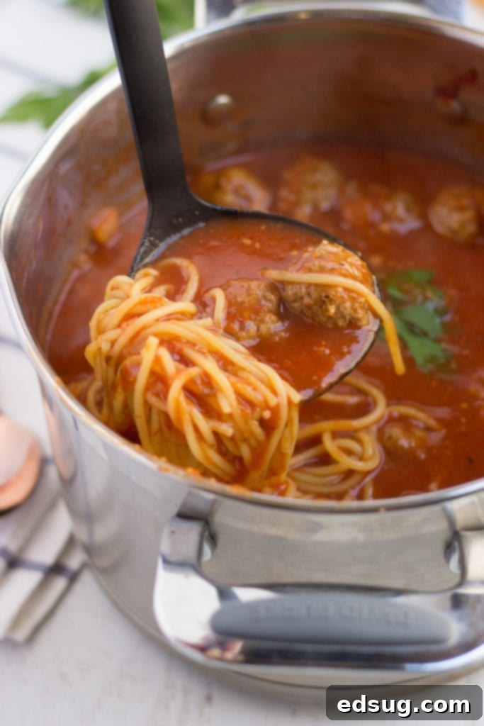 Spaghetti and Meatball Soup simmering in a large pot, ready to be served
