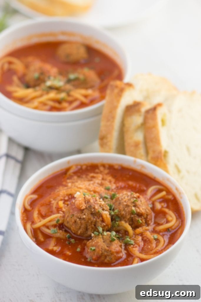 A close-up of a bowl of Spaghetti and Meatball Soup, showcasing the ingredients