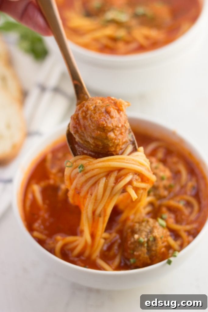 A spoon dipping into a bowl of Spaghetti and Meatball Soup, showing a perfect bite