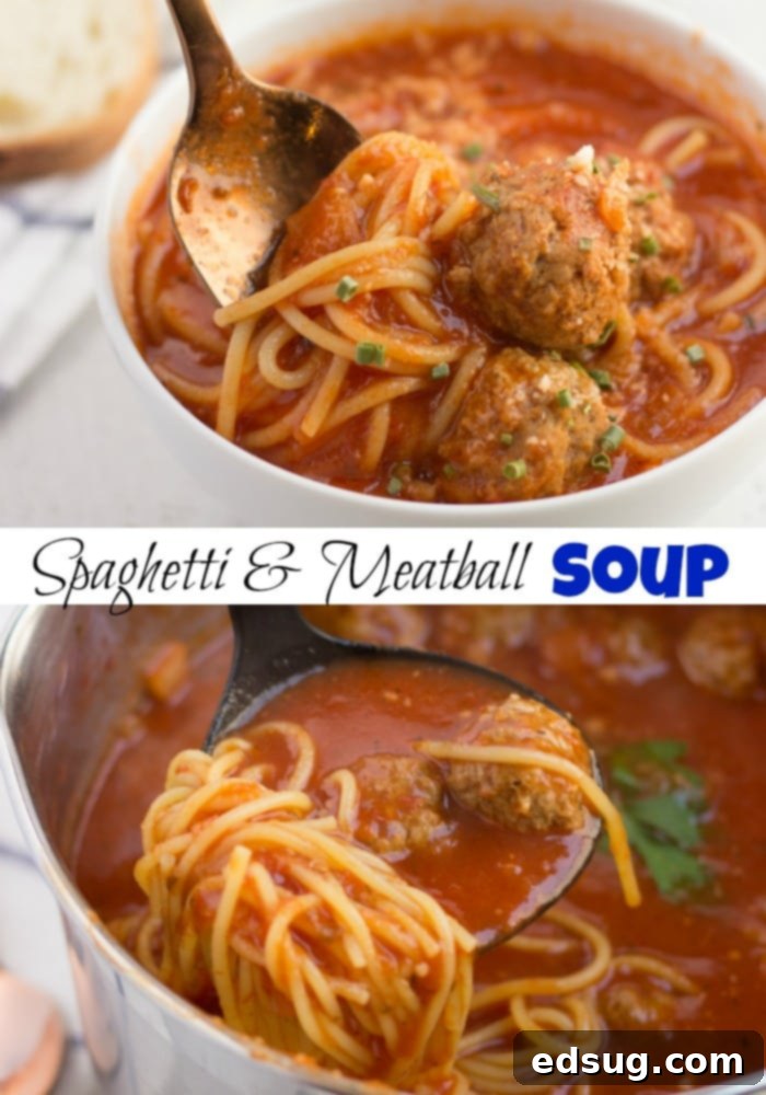 Another enticing shot of Spaghetti and Meatball Soup in a bowl