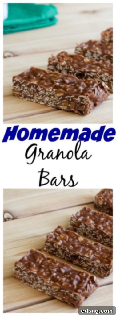 A close-up view of a homemade granola bar, showing its hearty oat texture and melted chocolate chips.