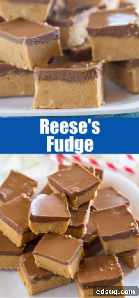 close up slices of reese's fudge on a white plate