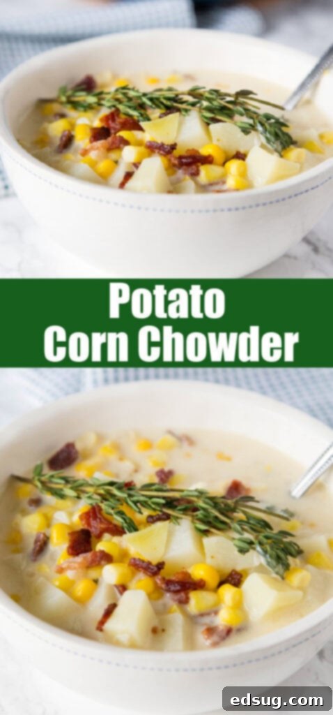A close-up shot of a bowl of creamy potato corn chowder, topped with crispy bacon and fresh thyme, ready to be served and enjoyed.