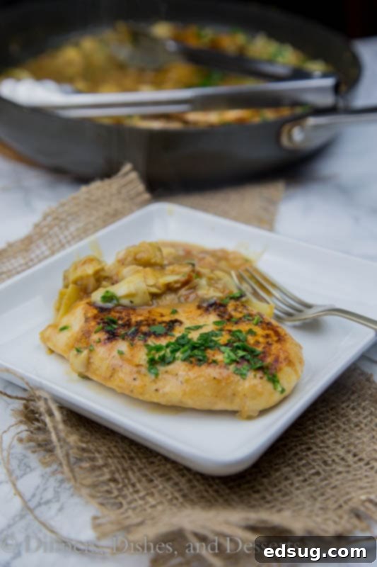 Chicken in artichoke pan sauce served over rice or pasta