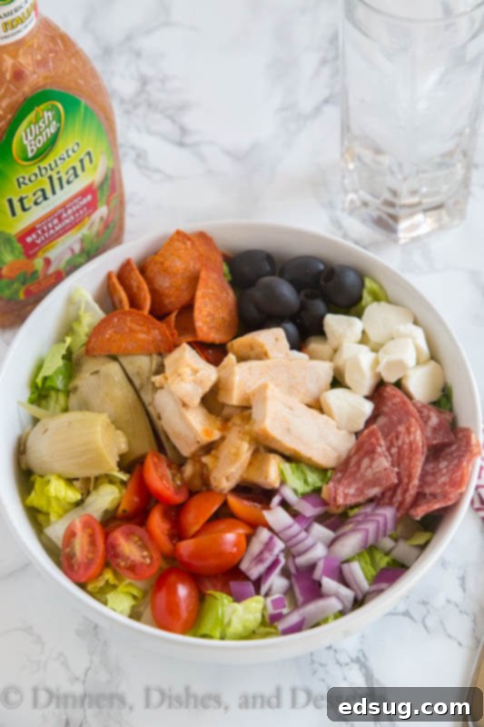 grilled chicken antipasto salad in a bowl