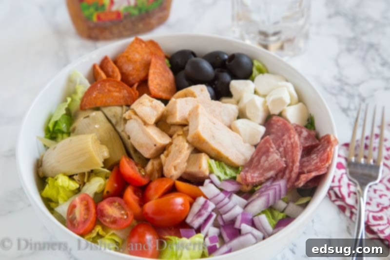 grilled chicken antipasto salad in a bowl