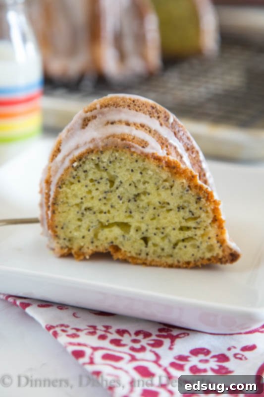 A beautifully sliced Poppy Seed Cake, showcasing its moist texture and speckled interior, ready to be enjoyed with a cup of coffee.