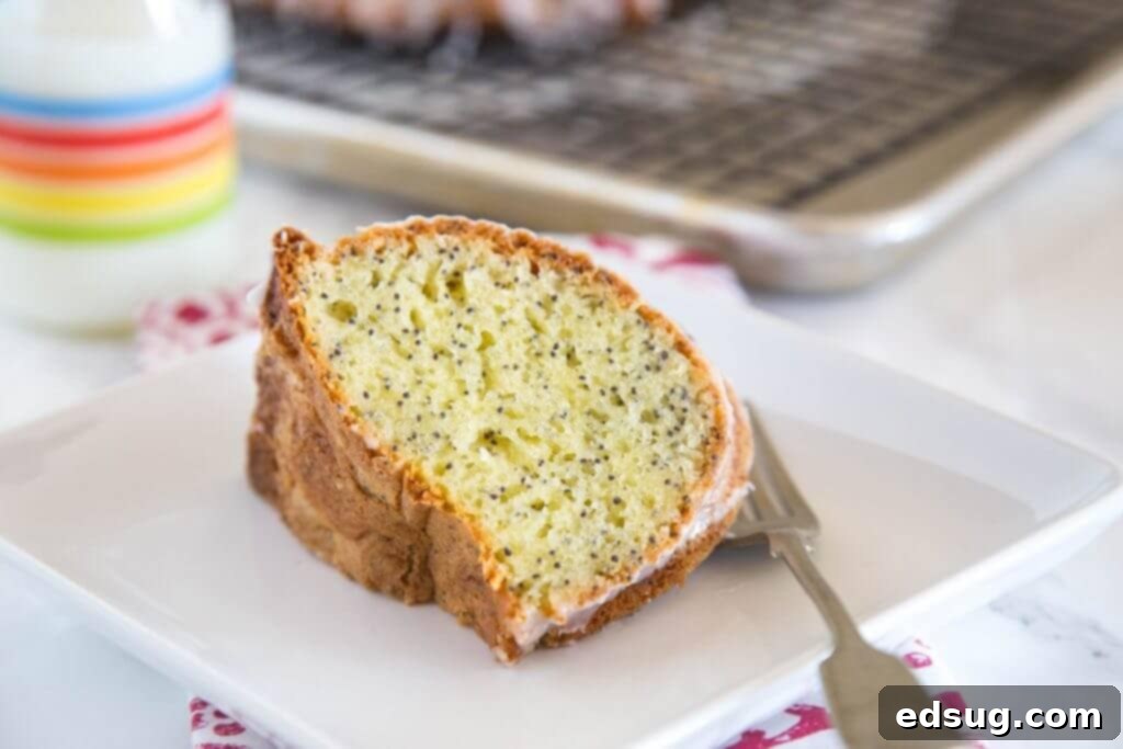 A close-up of the Poppy Seed Cake batter being poured into a Bundt pan, showcasing its thick, creamy texture and visible poppy seeds.