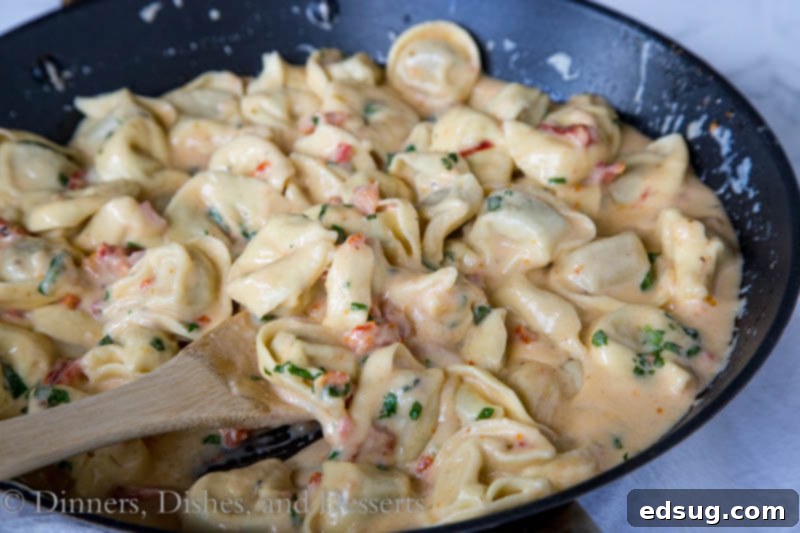 Close-up of creamy tomato basil tortellini being stirred in a pan, showcasing the rich sauce