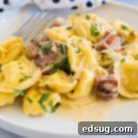 Ham tortellini garnished with chopped parsley and parmesan on a white plate, with a fork in the background.