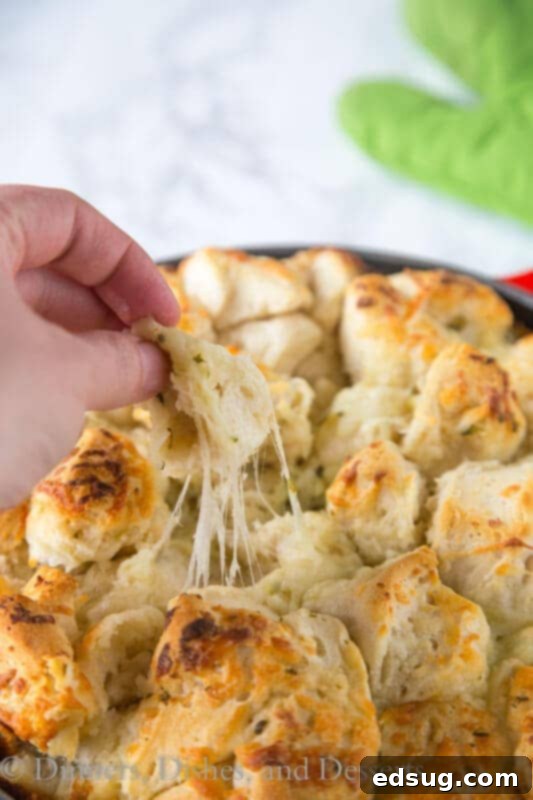 A plate of Italian cheese pull apart bread, showing individual cheesy pieces ready to be eaten, with a soft focus background.