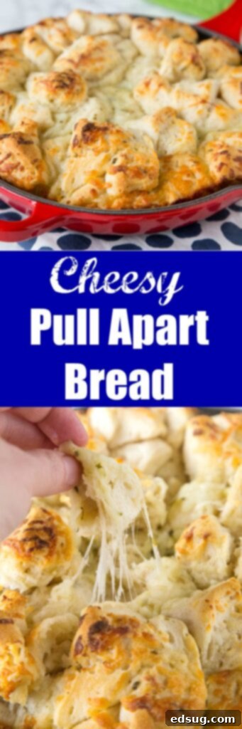 Close-up view of a single piece of Italian cheese pull apart bread being pulled, with stretchy melted mozzarella visible.