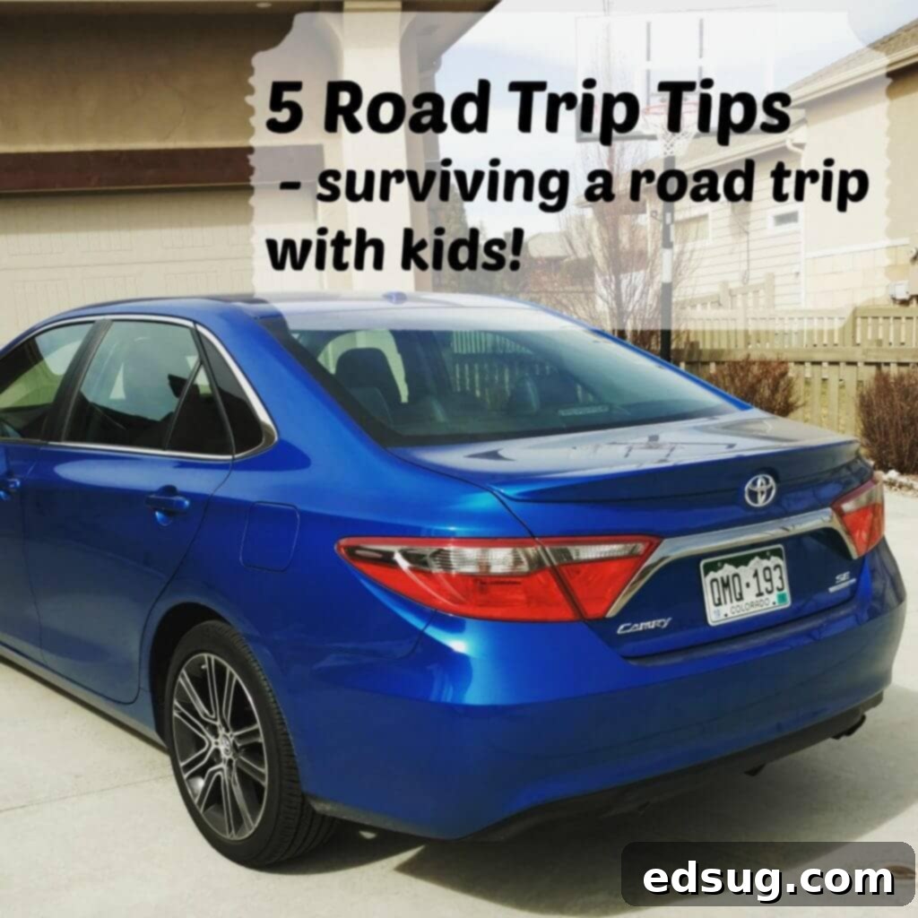 A family car packed for a road trip, with a scenic highway stretching into the distance, symbolizing successful travel with kids.