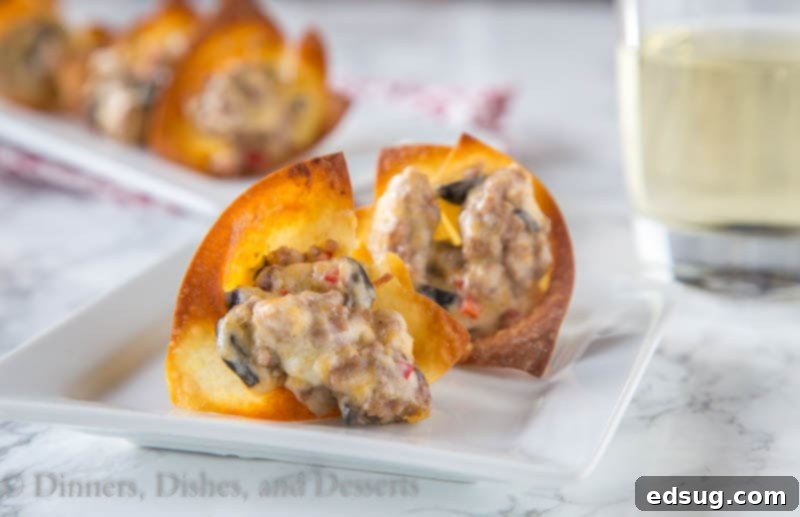 A close up of freshly baked wonton cups with a rich sausage and cheese filling, glistening and ready to be served.