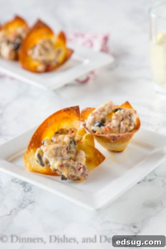 A serving plate filled with freshly baked cheesy sausage wonton cups, beautifully arranged and ready for a party.
