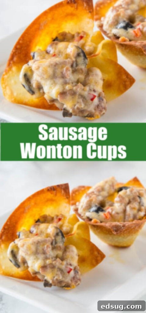 Close-up of golden Cheesy Sausage Wonton Cups on a white plate, showcasing the delicious, bubbly filling and crispy edges.