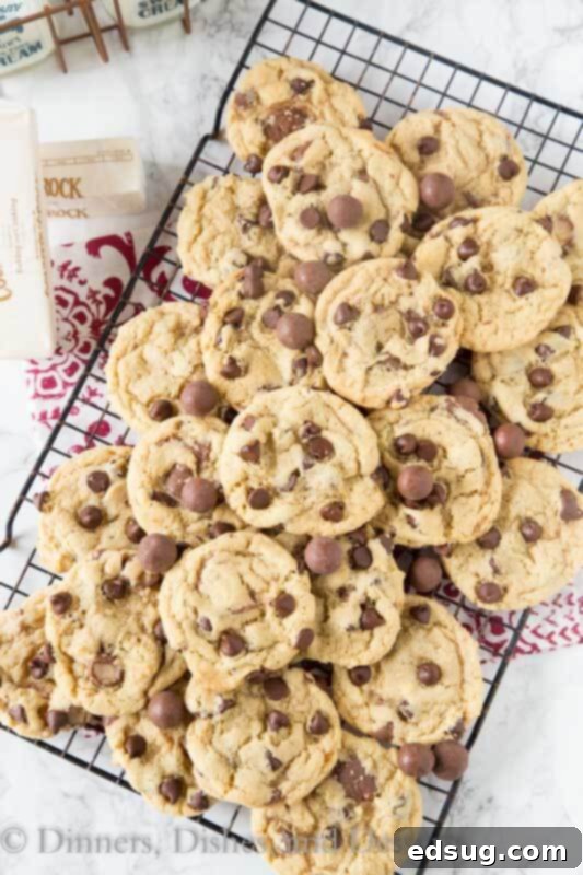 Whopper Candy Malted Chocolate Chip Cookies 2 Close-up of freshly baked Malt Chocolate Chip Whopper Cookies in a baking pan, showing their golden-brown edges and melted chocolate chips.