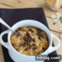 Close up of a warm bowl of Cookie Dough Baked Oatmeal with melted chocolate chips