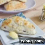 Two freshly baked cranberry scones on a white plate with lemon curd