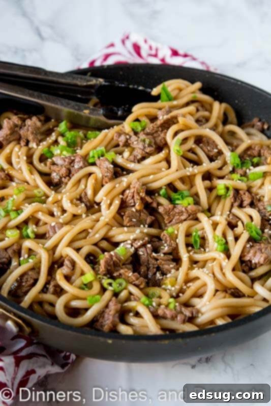 Garlic beef noodle bowl in a pan, steaming and ready to serve