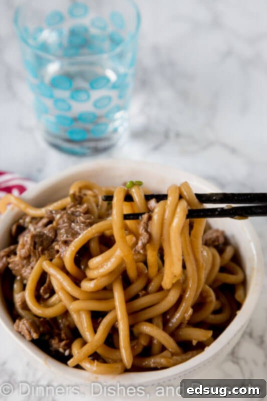 Close-up of garlic beef noodles being stirred in a pan